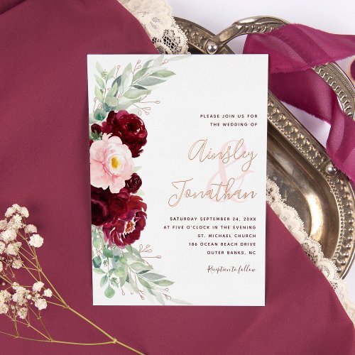 Modern Burgundy Floral Greenery Wedding Rose Gold Foil Invitation