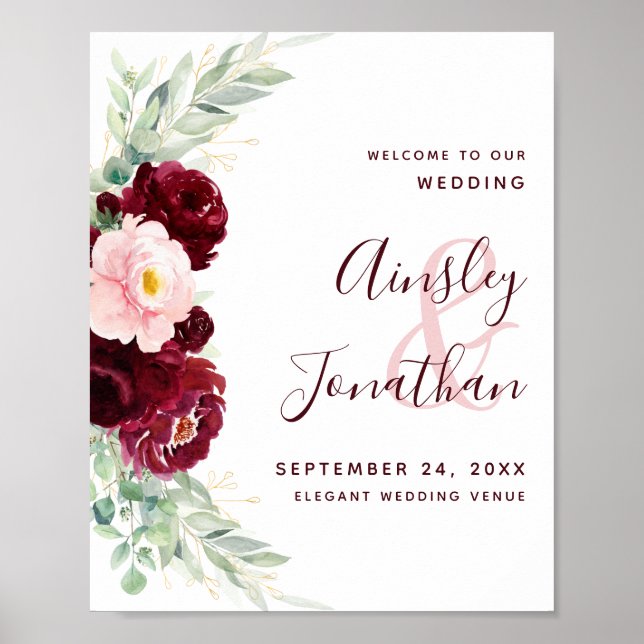 Modern Burgundy Floral Greenery Wedding Welcome Poster (Front)