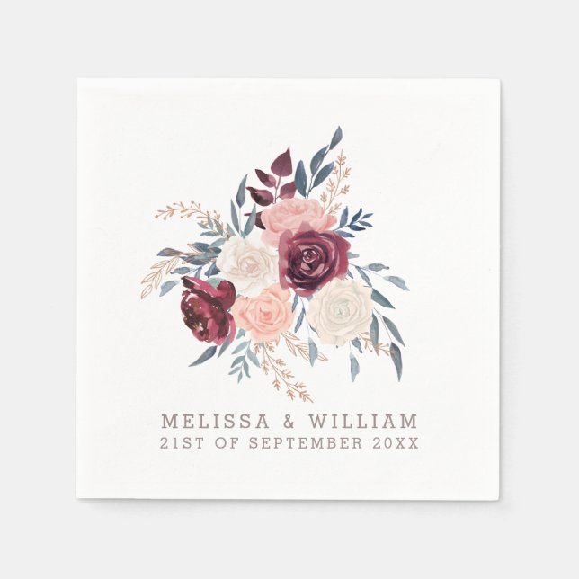 Modern Burgundy Floral Ivory Rose Gold Wedding Napkins (Front)