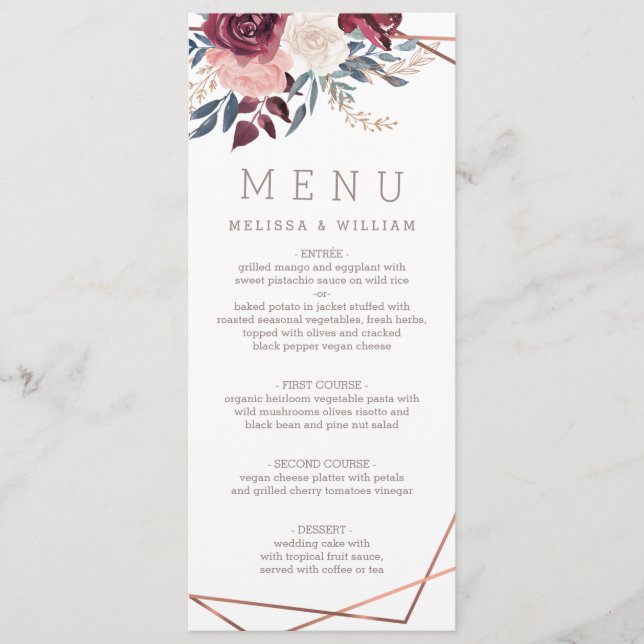 Modern Burgundy Floral Ivory Wedding Menu (Front)
