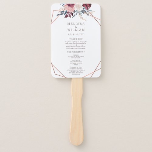 Modern Burgundy Floral Ivory Wedding Program Hand Fan