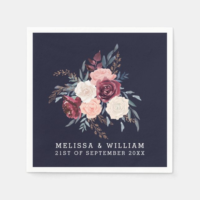 Modern Burgundy Floral Midnight Navy Wedding Napkins (Front)