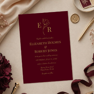 Modern Burgundy Floral Monogram Wedding Invitation