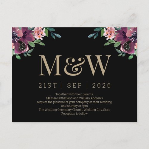 Modern Burgundy Floral Monogram Wedding Invitation Postcard