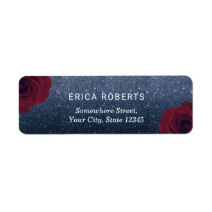 Modern Burgundy Floral Navy Blue Glitter Wedding Label