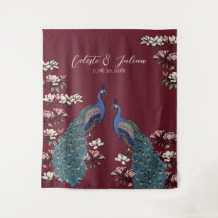 Modern Burgundy Floral Peacock Wedding Backdrop