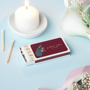 Modern Burgundy Floral Peacock Wedding Matchboxes