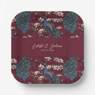 Modern Burgundy Floral Peacock Wedding Paper Plates