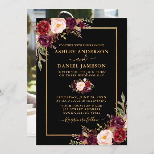 Modern Burgundy Floral Photo Black Gold Invitation