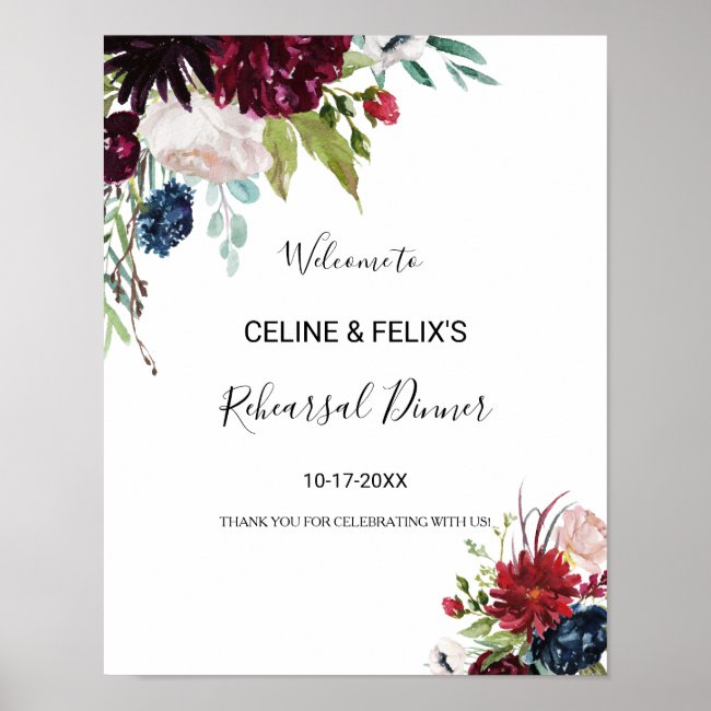Modern Burgundy Floral Rehearsal dinner Welcome Poster