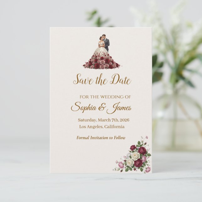 Modern Burgundy Floral Save the Date Card  (Standing Front)