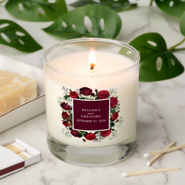 Modern Burgundy Floral Watercolor Elegant Wedding  Scented Candle (Lit)