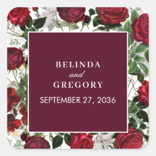 Modern Burgundy Floral Watercolor Elegant Wedding Square Sticker
