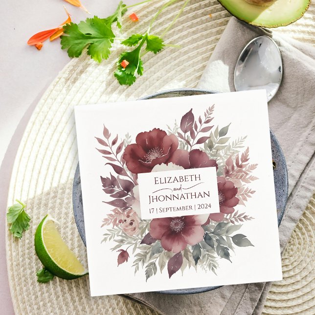 Modern Burgundy Floral Watercolor Wedding Names Napkins (Creator Uploaded)