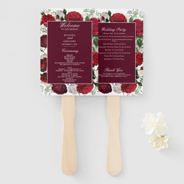 Modern Burgundy Floral Watercolor Wedding Program Hand Fan (Front and Back)