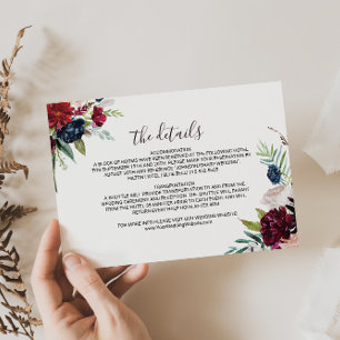 Modern Burgundy Floral Wedding Details Insert Card