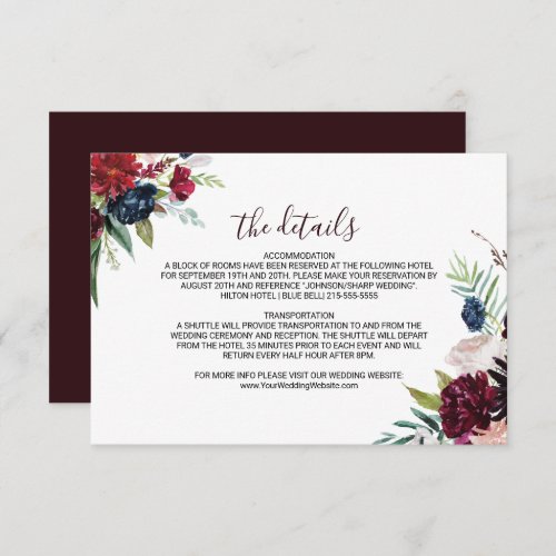 Modern Burgundy Floral Wedding Details Insert Card