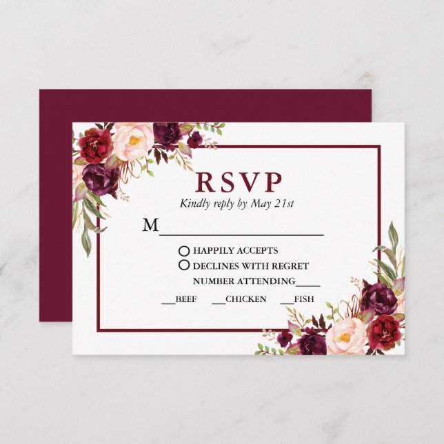 Modern Burgundy Floral Wedding Meal RSVP Card (Front/Back)