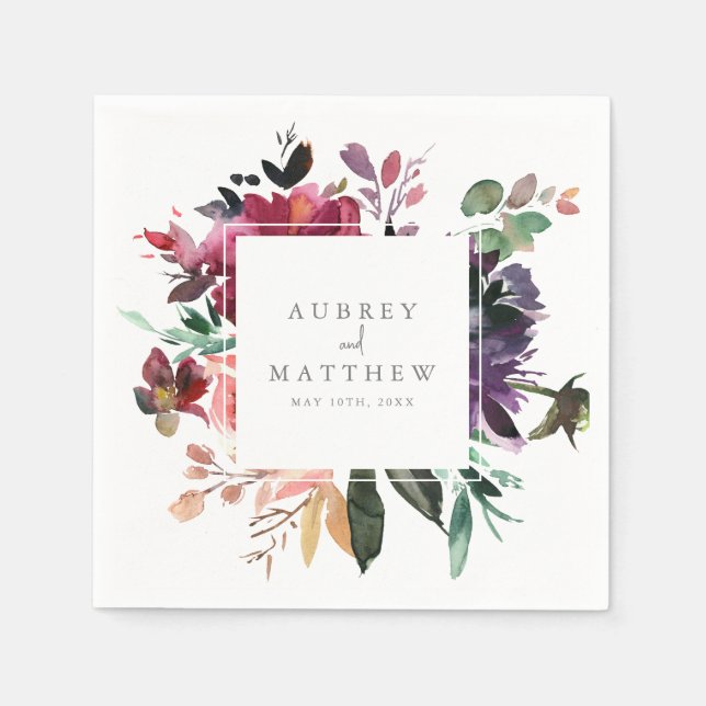 Modern Burgundy Floral Wedding Paper Napkins (Front)