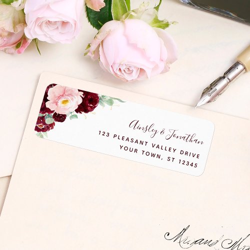 Modern Burgundy Floral Wedding Return Address Label