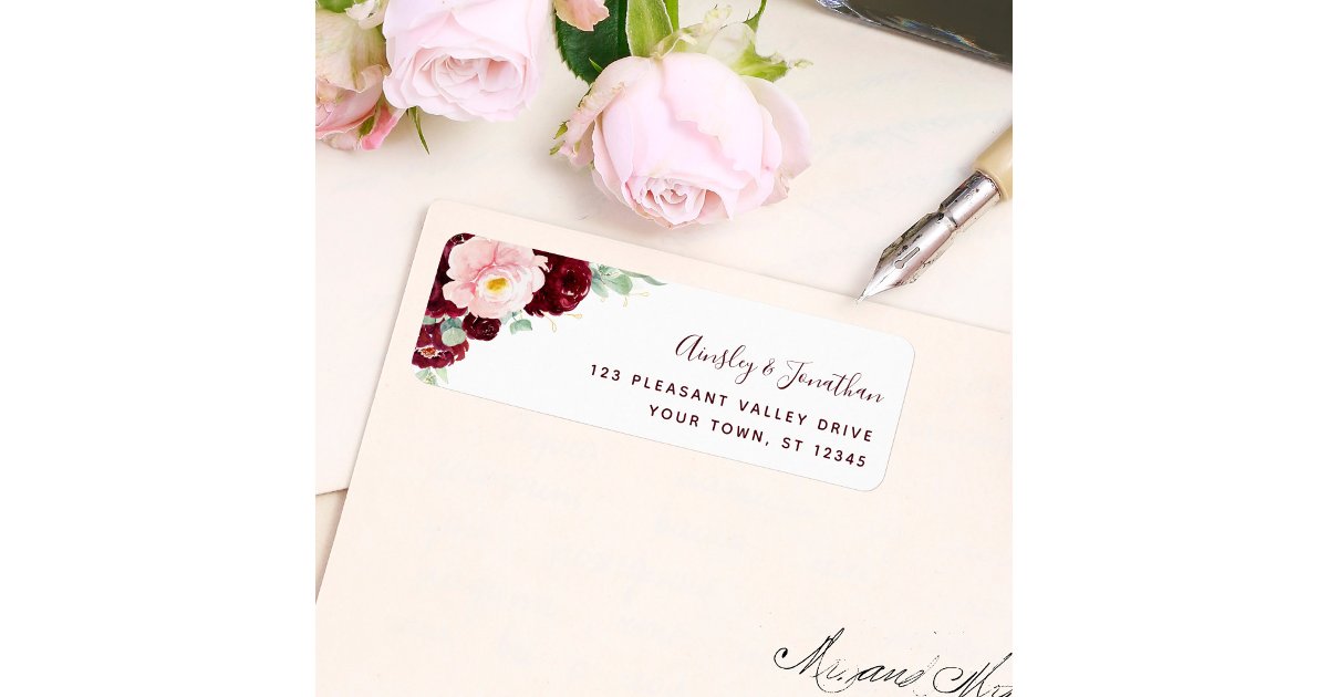 Modern Burgundy Floral Wedding Return Address Label | Zazzle
