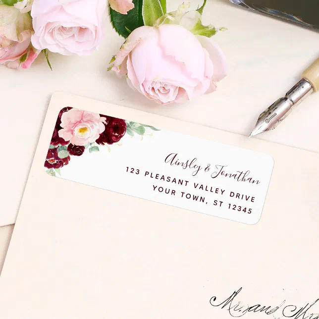 Modern Burgundy Floral Wedding Return Address Label | Zazzle