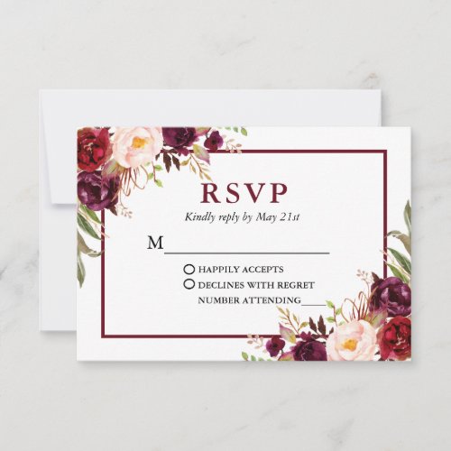 Modern Burgundy Floral Wedding RSVP Card