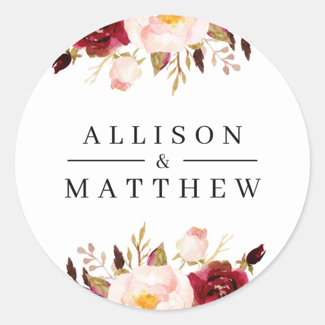 modern burgundy floral wedding sticker (Front)