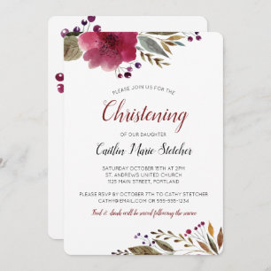 Modern Burgundy Flowers Baptism Christening Invitation