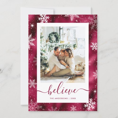 Modern Burgundy Foil Photo Believe Christmas Cards