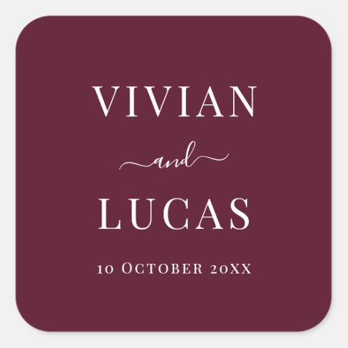 Modern Burgundy Formal Minimal Wedding Square Sticker