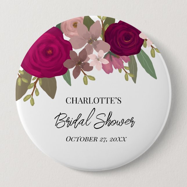 Modern Burgundy Garden Flowers Bridal Shower  Button (Front)