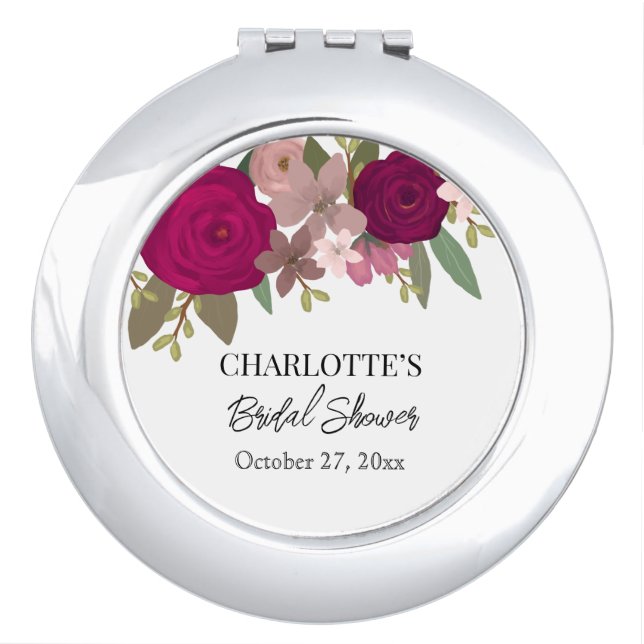 Modern Burgundy Garden Flowers Bridal Shower  Compact Mirror (Front)