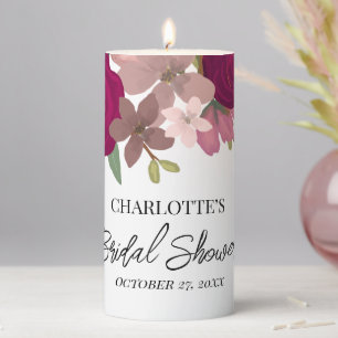 Modern Burgundy Garden Flowers Bridal Shower  Pillar Candle