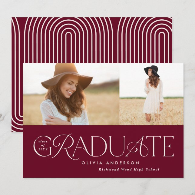 Modern burgundy geometric 2 photo arch graduation announcement (Front/Back)