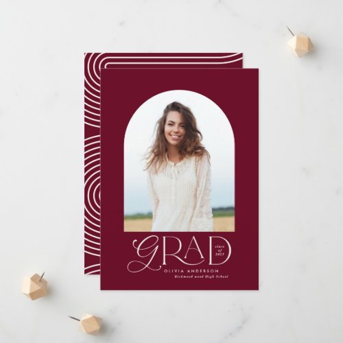 Modern burgundy geometric photo arch graduation announcement