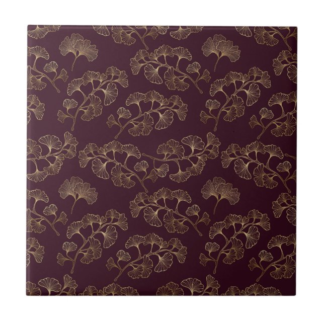 Modern Burgundy Ginkgo Pattern Ceramic Tile (Front)