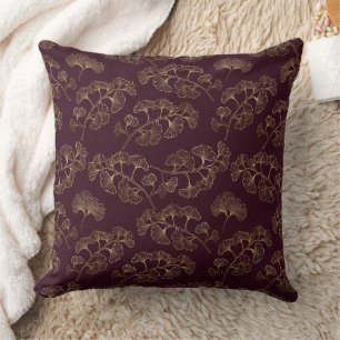 Modern Burgundy Ginkgo Pattern Throw Pillow