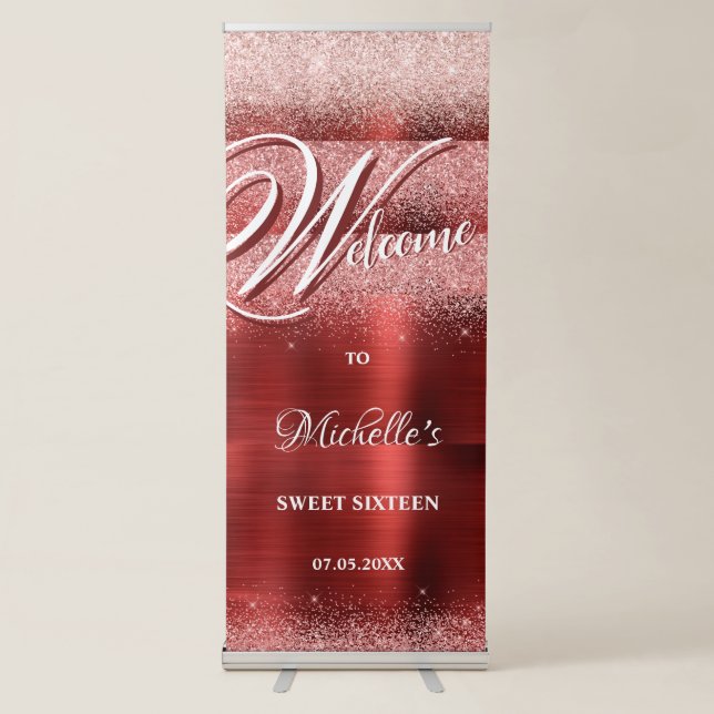 Modern Burgundy Glitter 16th Birthday Welcome Name Retractable Banner (Front)
