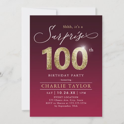 Modern burgundy gold adult surprise 100th birthday invitation