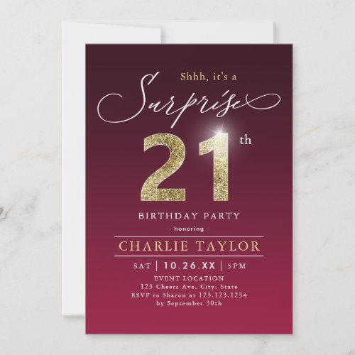 Modern burgundy gold adult surprise 21st birthday invitation