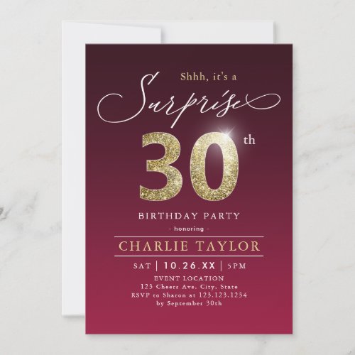 Modern burgundy gold adult surprise 30th birthday invitation