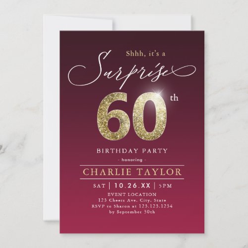 Modern burgundy gold adult surprise 60th birthday  invitation