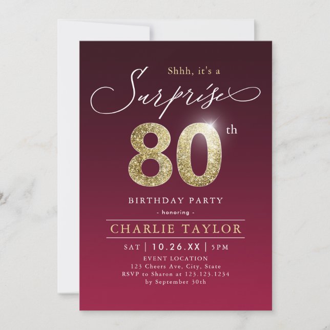 Modern burgundy gold adult surprise 80th birthday invitation (Front)