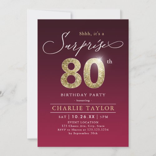 Modern burgundy gold adult surprise 80th birthday invitation