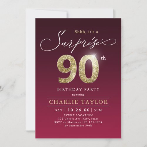 Modern burgundy gold adult surprise 90th birthday invitation