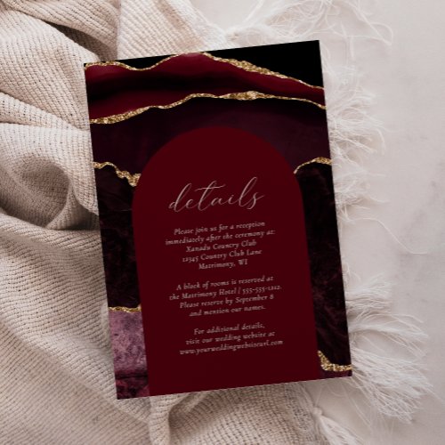 Modern Burgundy Gold Agate Arch Wedding Details Enclosure Card