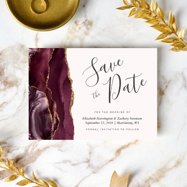 Modern Burgundy Gold Agate Blush Save the Date Invitation (Creator Uploaded)