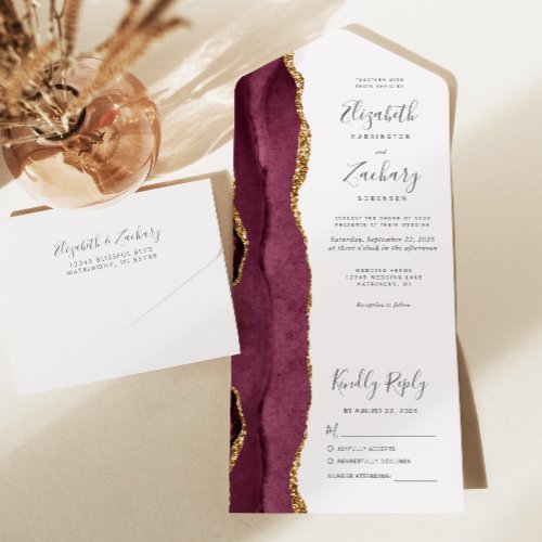 Modern Burgundy Gold Agate Blush Wedding All In One Invitation