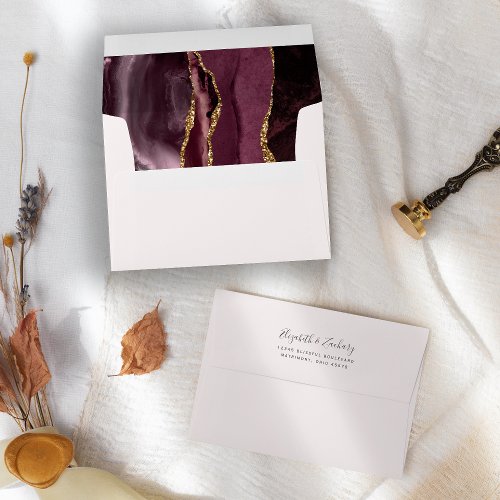 Modern Burgundy Gold Agate Blush Wedding Envelope